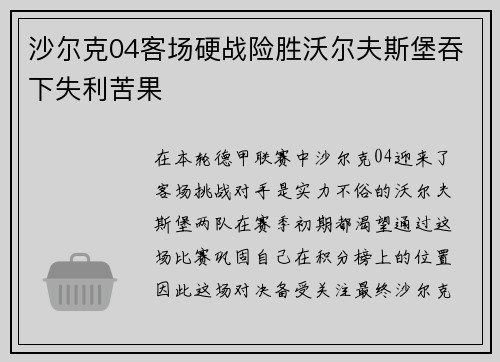 沙尔克04客场硬战险胜沃尔夫斯堡吞下失利苦果